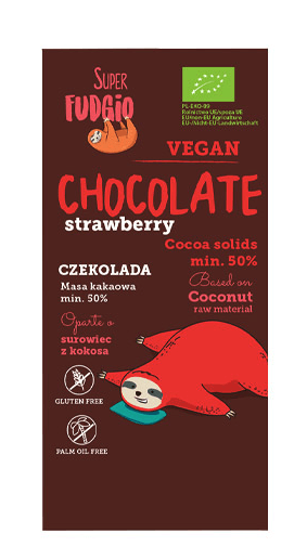 Super Fudgio Vegansk Chokolade med Jordbær, øko 80 g. (bedst før 03/08)