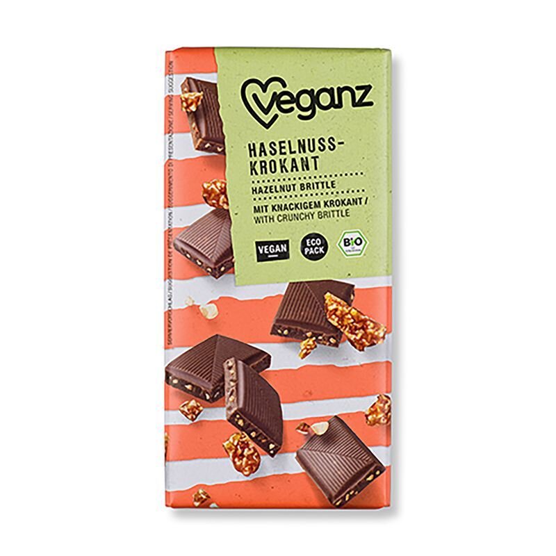 Veganz lys chokolade med Hasselnøddekrokant,  Økologisk, 80 g.